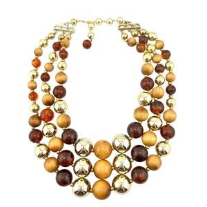 Vintage Coro 1950s Faux Amber Wood Gold Tone Triple Strand 17” Necklace